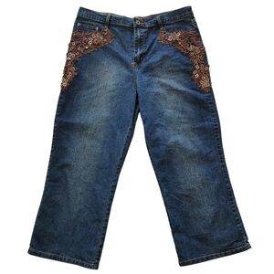 Mishca Boho Lace & Bead Embellished Wide Straight Leg Cropped Jeans Size 10